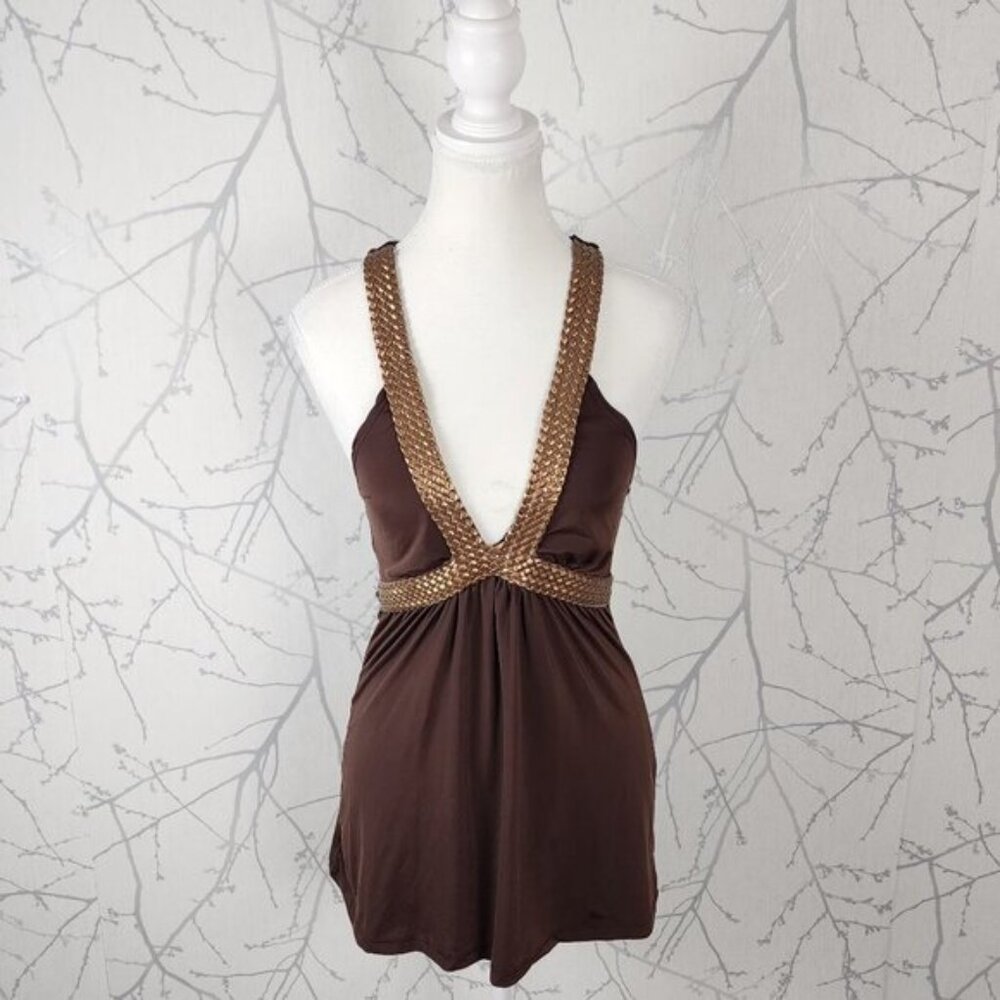 Seduction Brown Metallic Gold Woven Halter Y2K Babydoll Tank